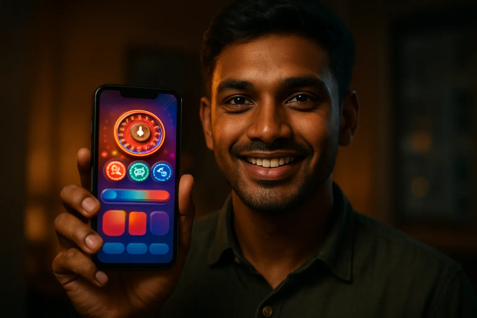 Young Bangladeshi man holding smartphone showing glowing mobile casino app interface