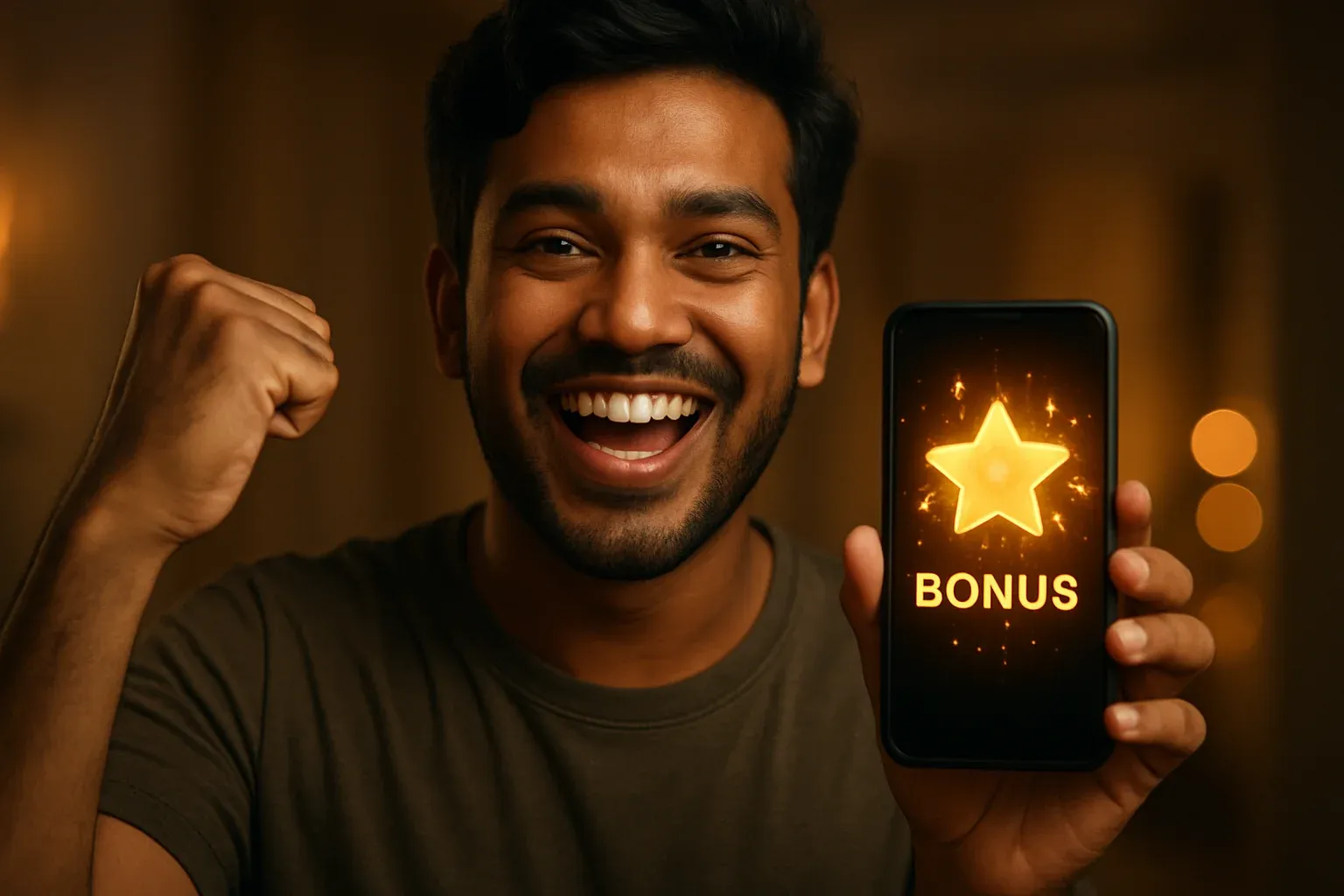 Joyful Bangladeshi man celebrating, holding smartphone with glowing golden bonus notification