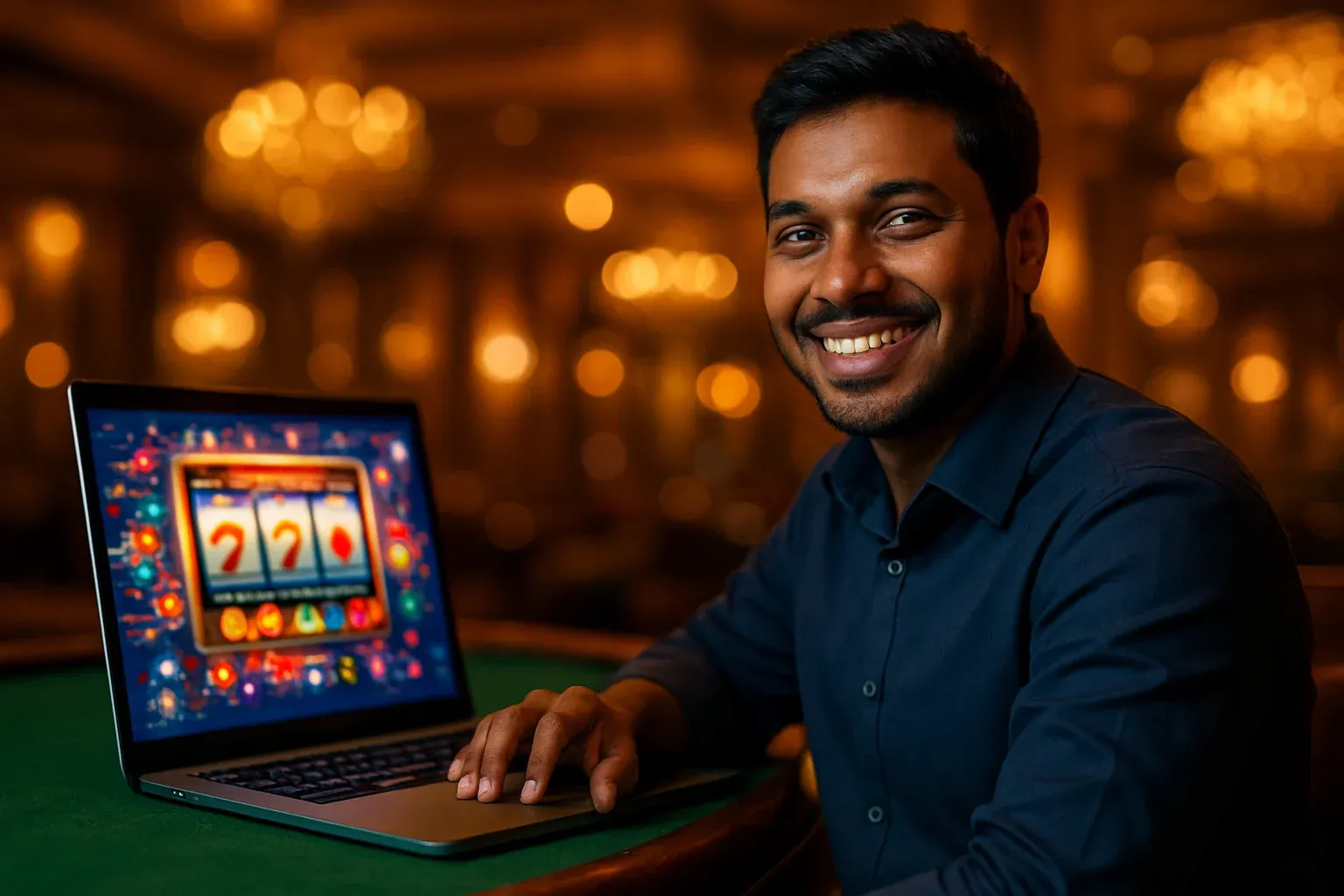 Cheerful young Bangladeshi man smiling at open laptop in casino lounge