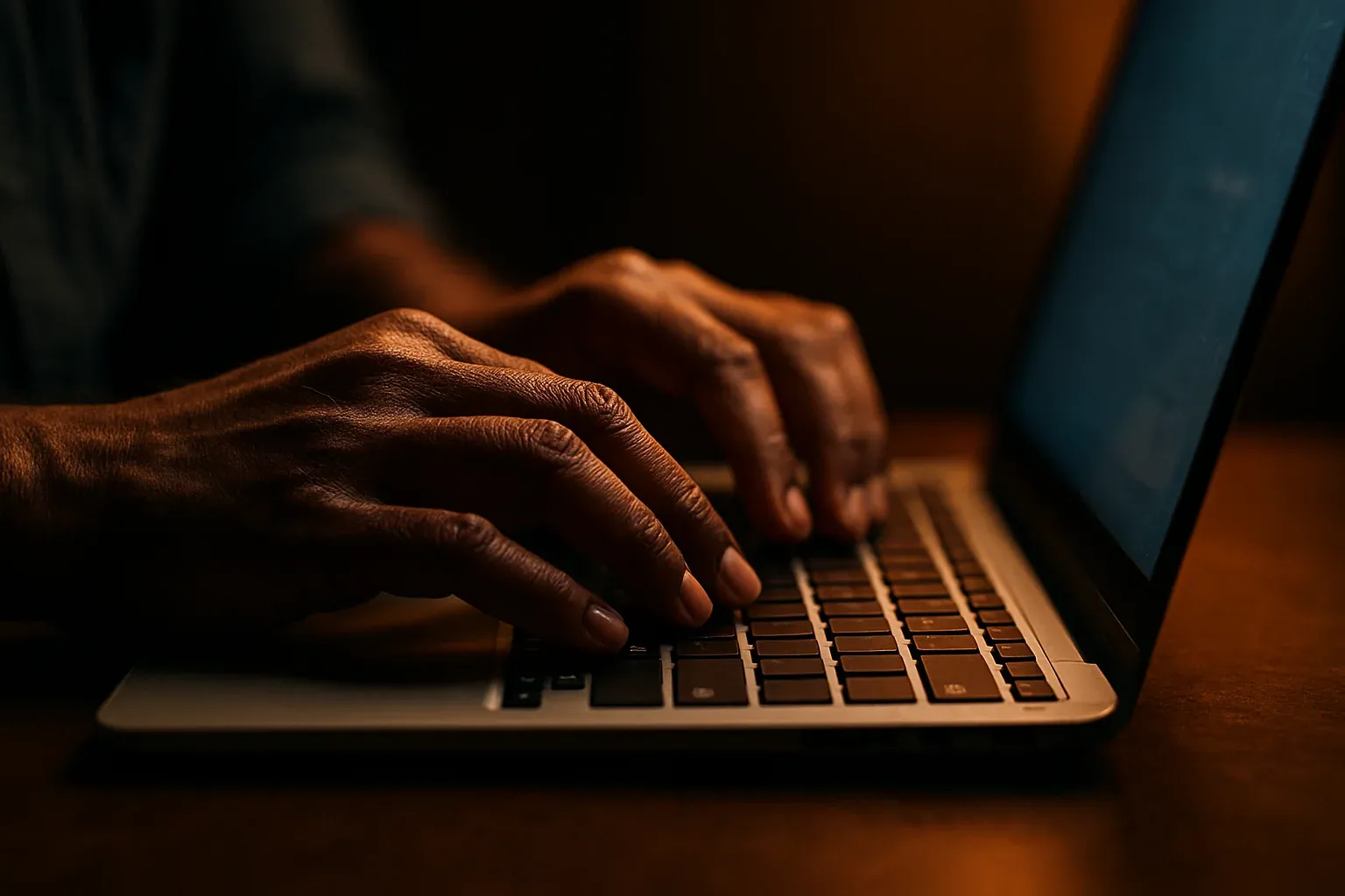 Close-up of Bangladeshi hands typing on laptop keyboard in dark light
