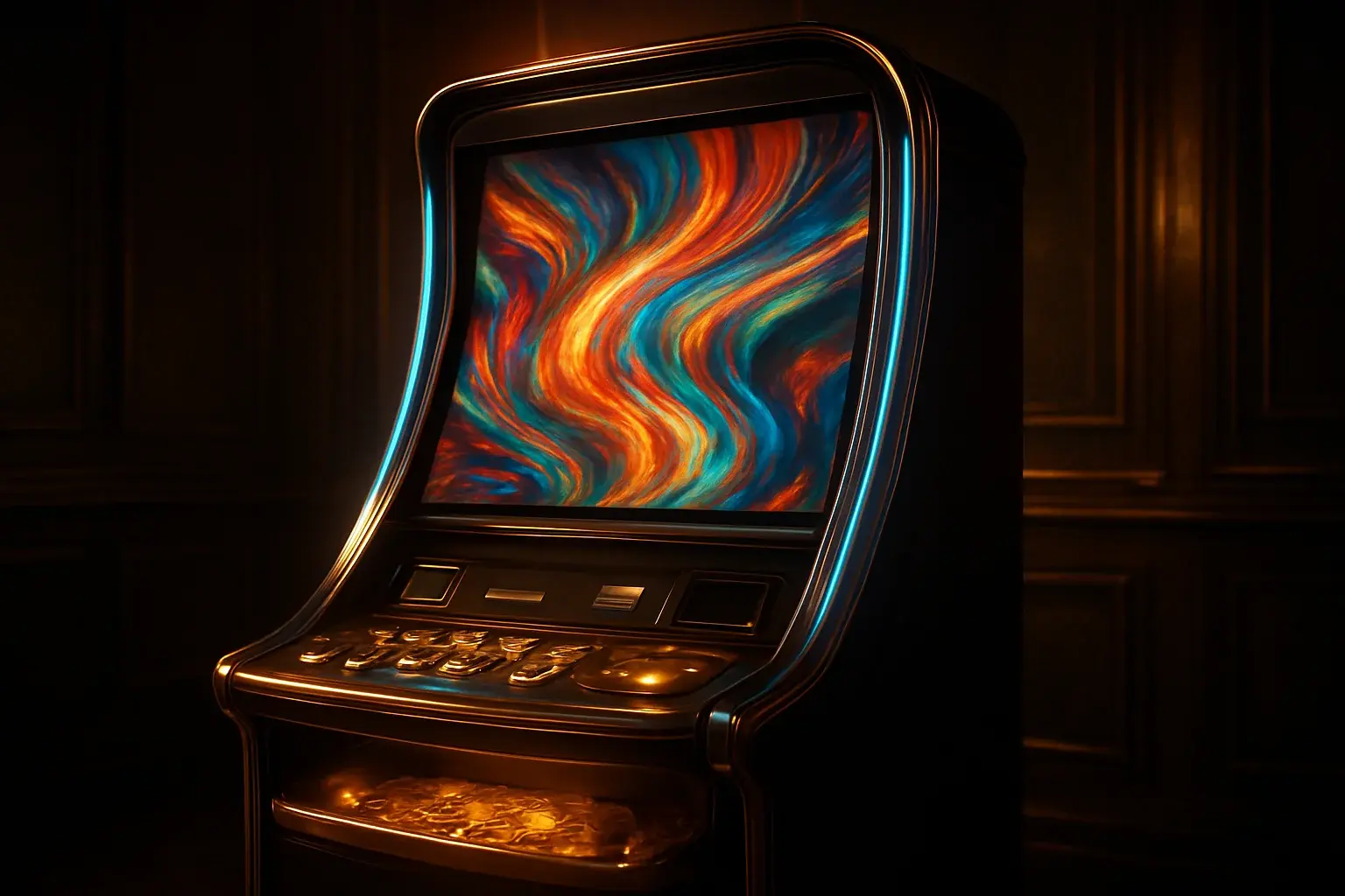 Hyperrealistic premium slot machine in dark luxury setting with neon lighting